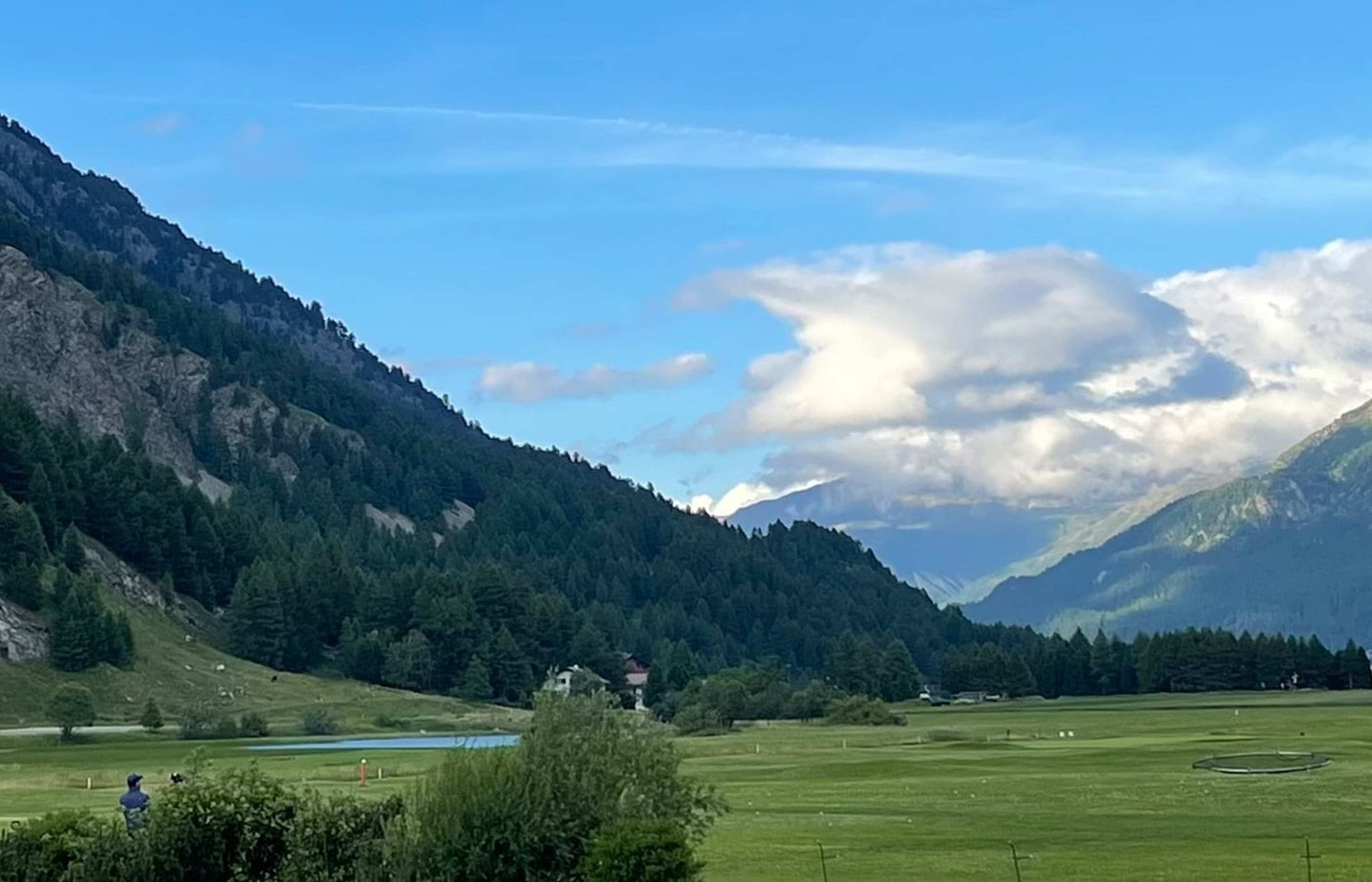Weites Hochtal mit Wiesen, Wald und Bergen